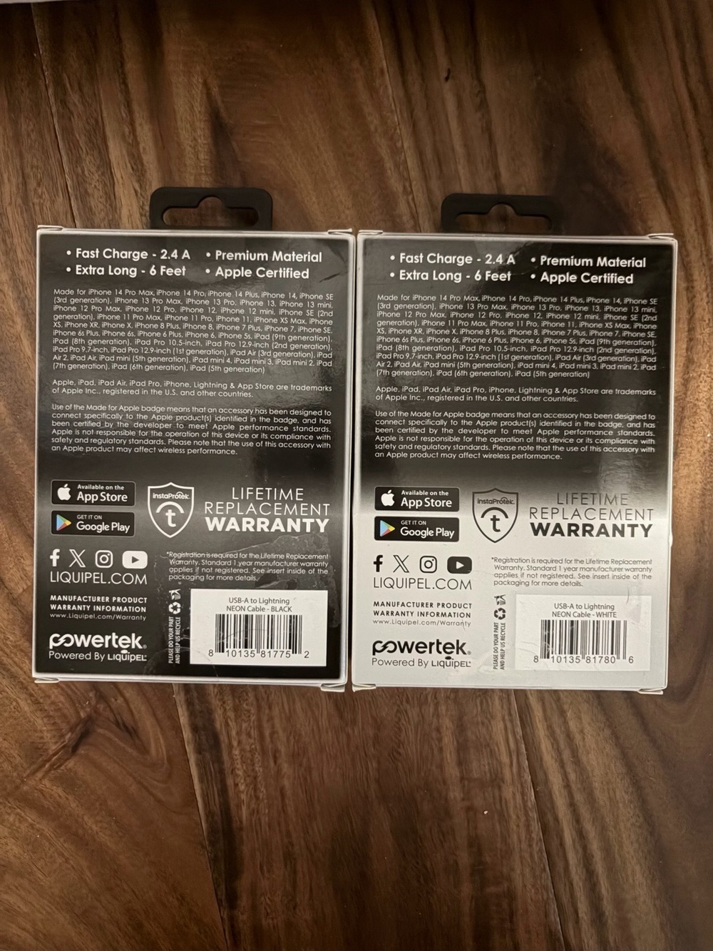 Powertek NEON 6ft USB-A to Lightning Charge Cable - 2 pack 1 Black & 1 White - Picture 2 of 2